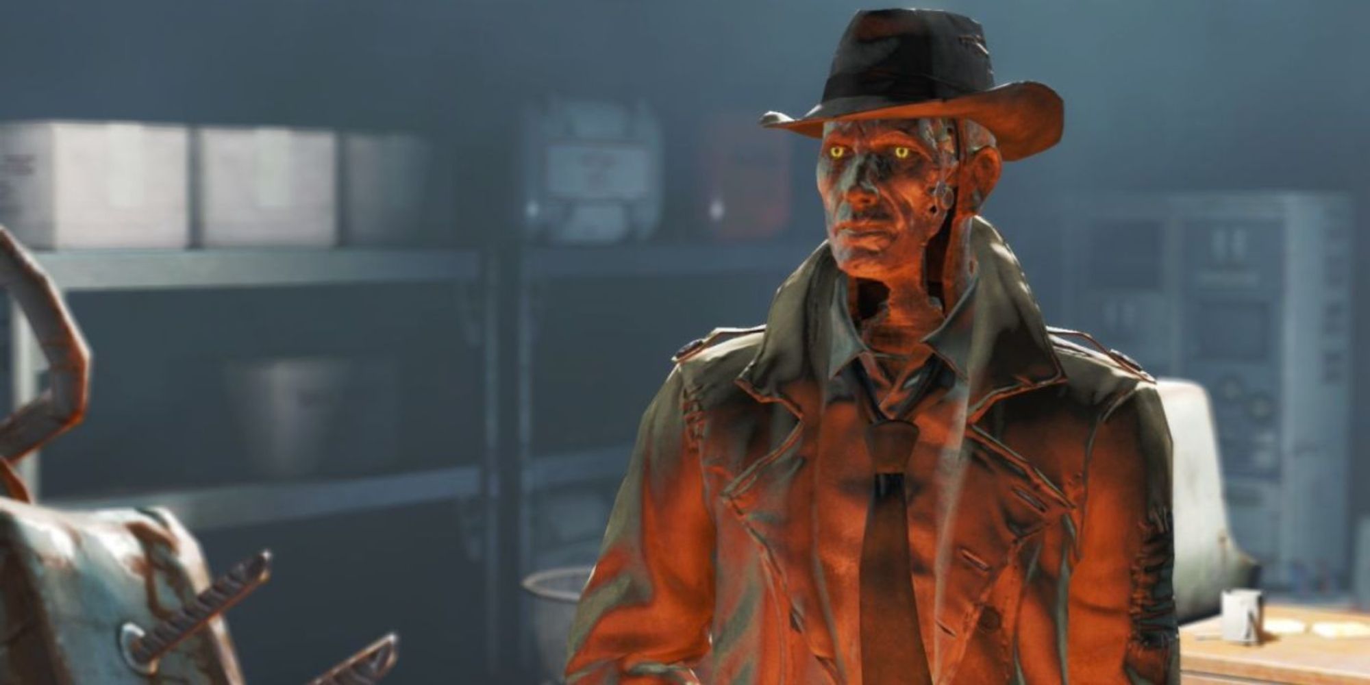 A wide shot of Nick Valentine from Fallout 4 in his trench coat and fedora in a dusty room with shelves full of junk and boxes behind him