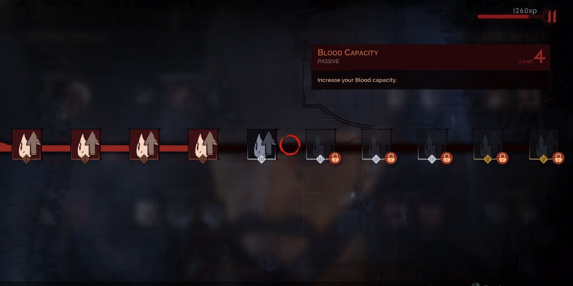 Upgrade menu of the skill Blood Capacity