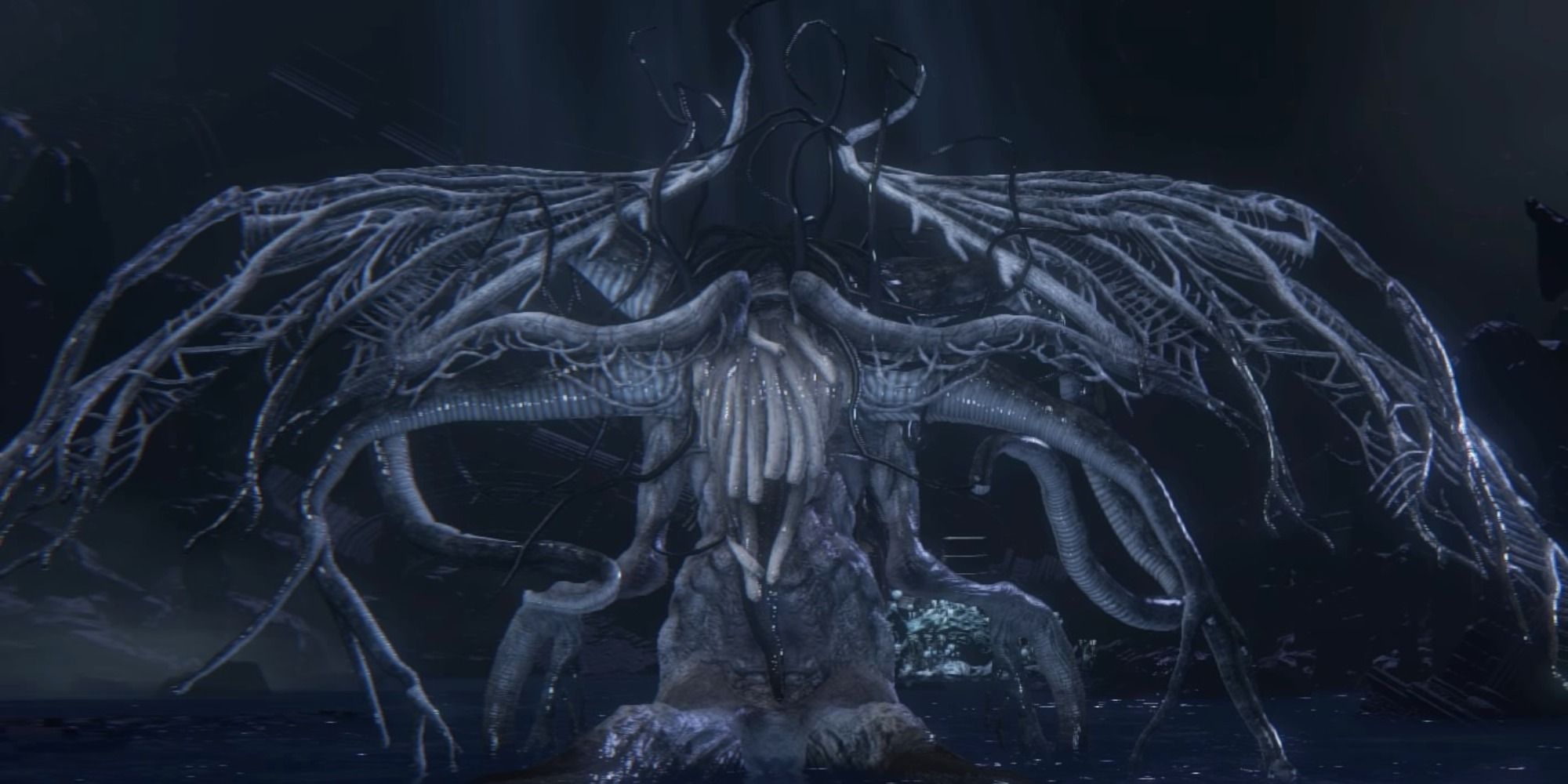 Ebrietas, Daughter of the Chaos sitting in the Altar of Despair in Bloodborne
