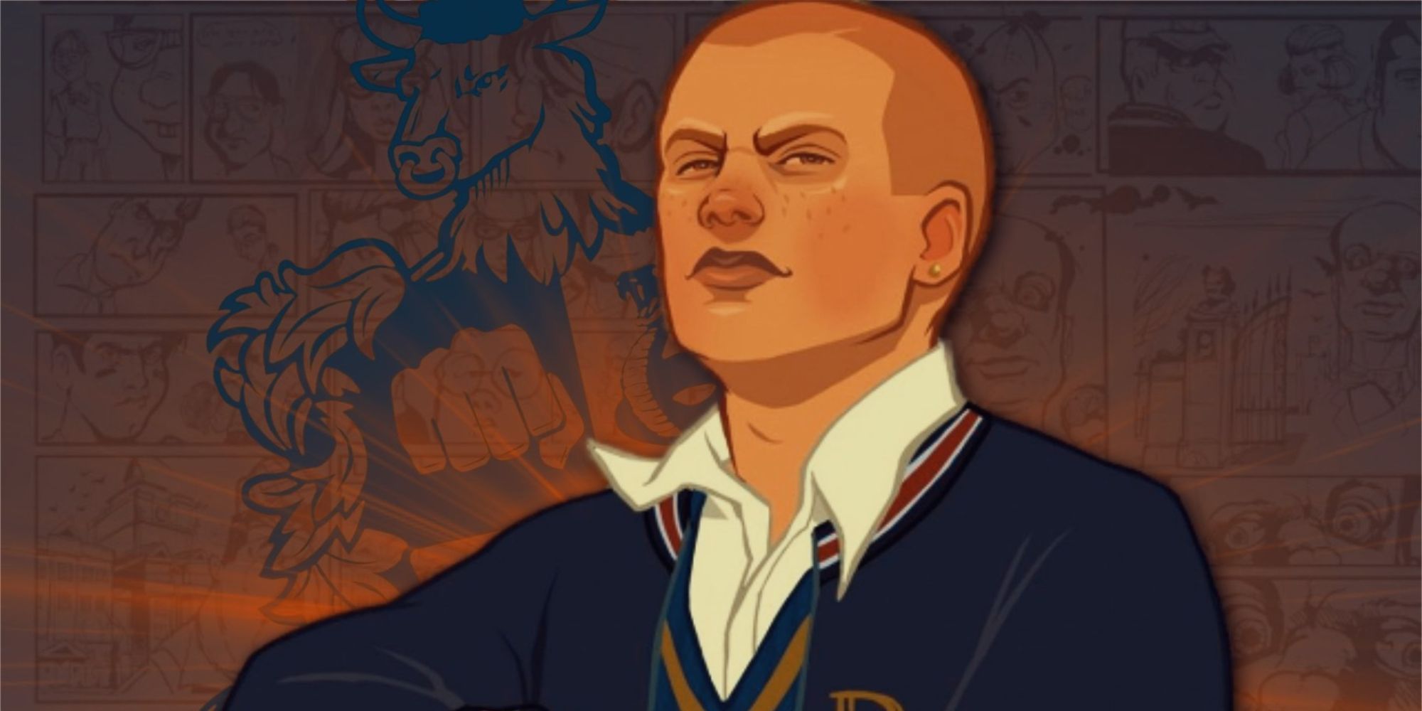 Protagonist Jimmy Hopkins with the Bullworth Academy Logo in the Background