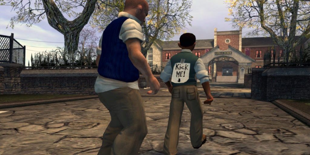 Third Person view of protagonist Jimmy Hopkins about to kick a student with a sign on his back in Bully