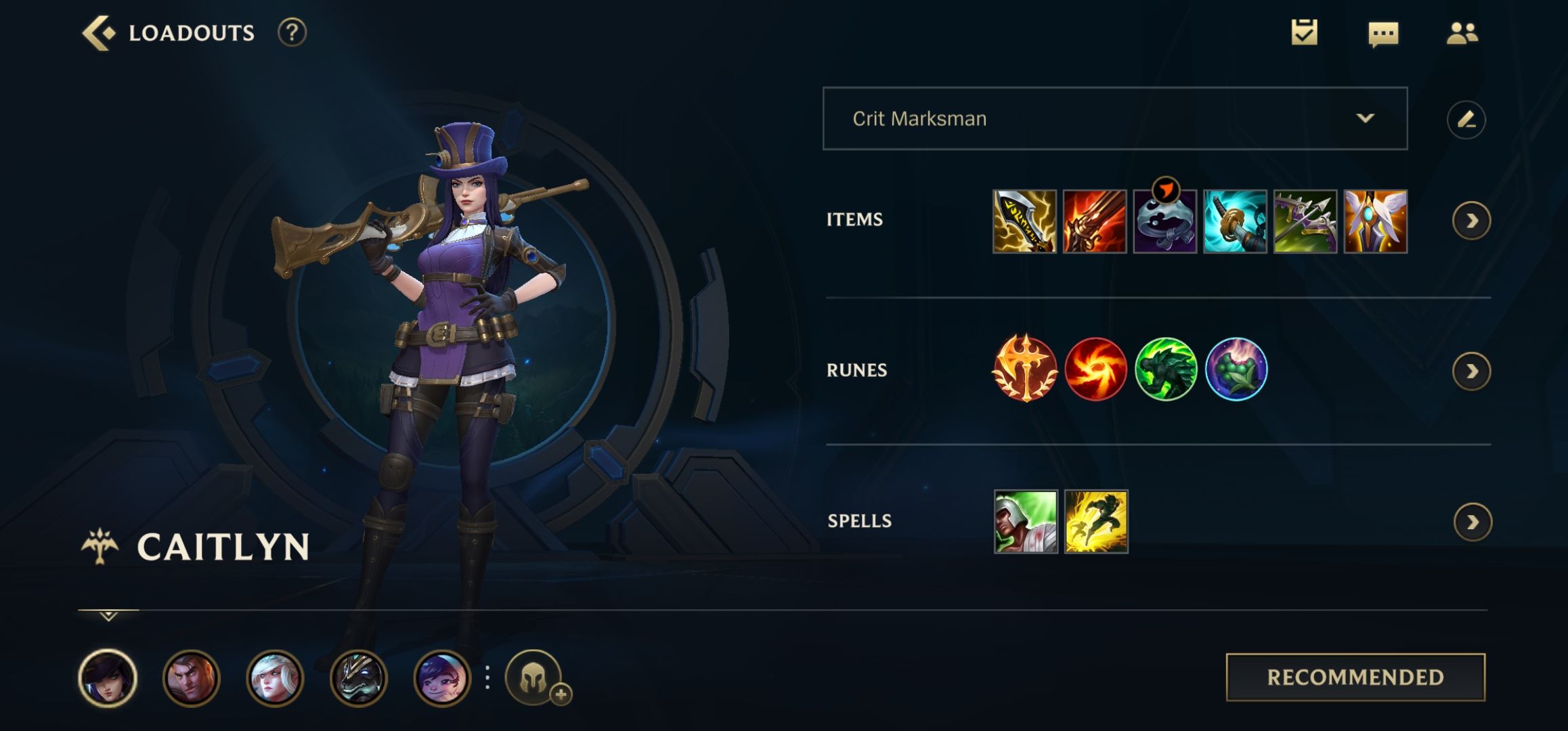 Caitlyn loadout screen beginner recommended pre-set builds items runes spells