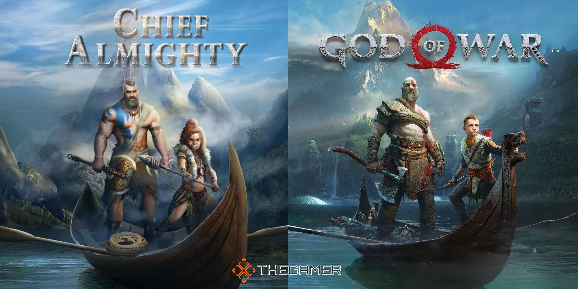 Chief almight x god of war - a split image of the two posters that look almost identical