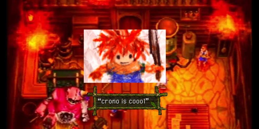 Chrono Cross, Lucca's orphanage is in flame's a piece of artwork of Crono is shown