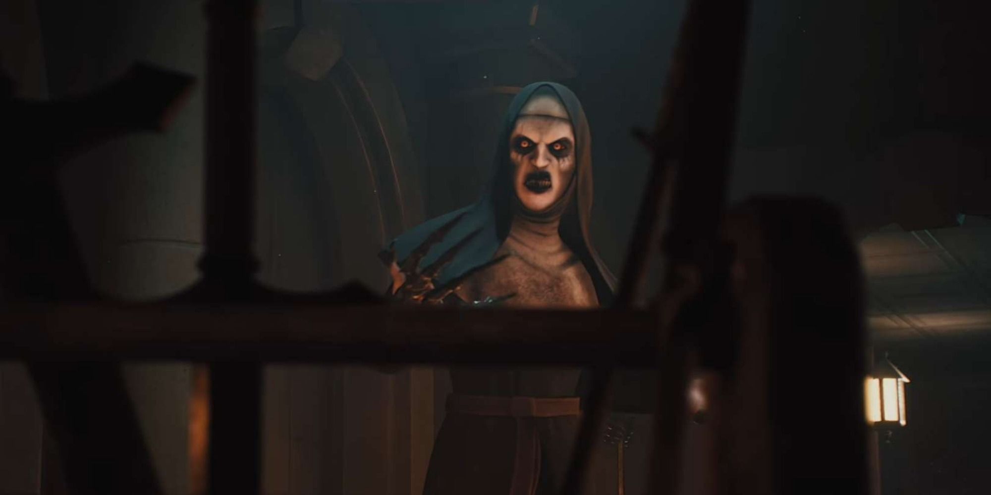 Banshee stands in a dark room of the Abbey, seen through a sword rack