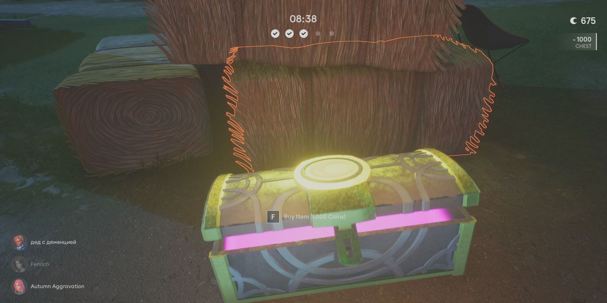 A player opens a chest next to hay bales using in-game coins