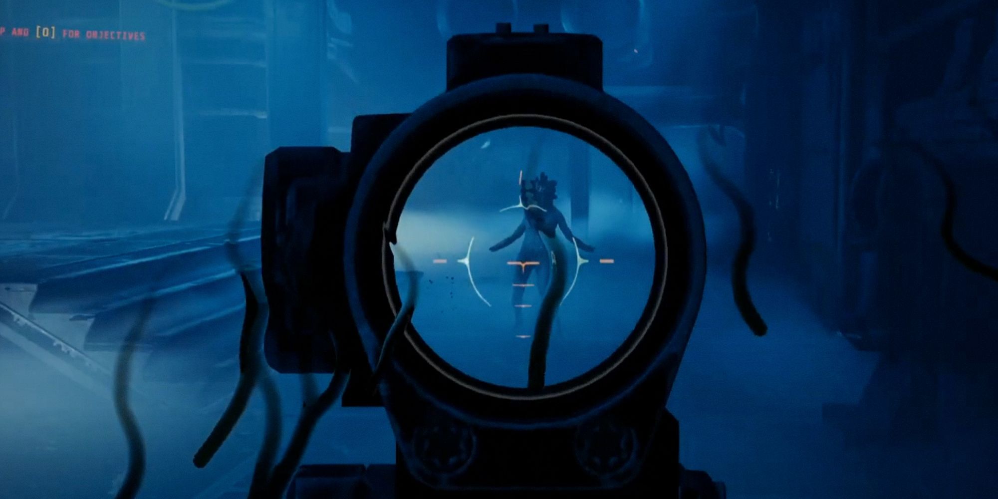 weapon scope aimed at an alert enemy. deep blue lighting around.