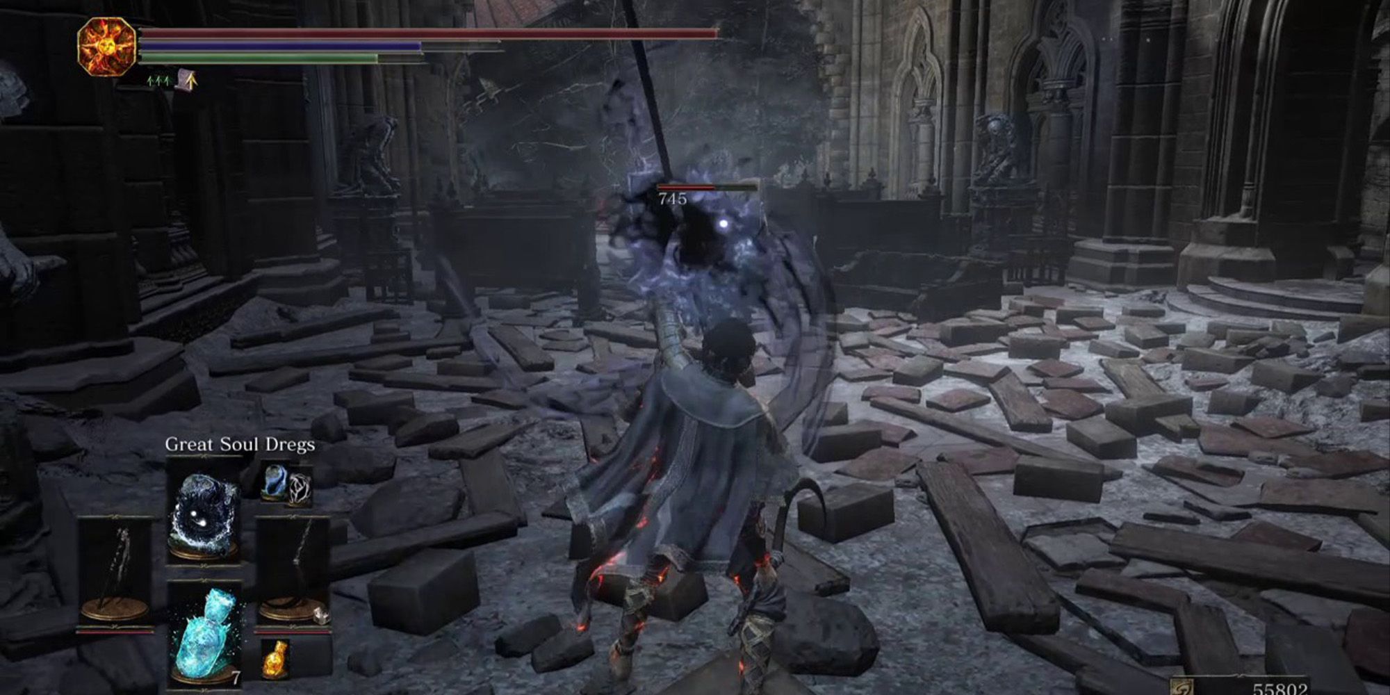 Dark Sorcerer using the Murky Longstaff to cast Great Souls Dregs in the Dreg heap of Dark Souls 3 Ringed City DLC