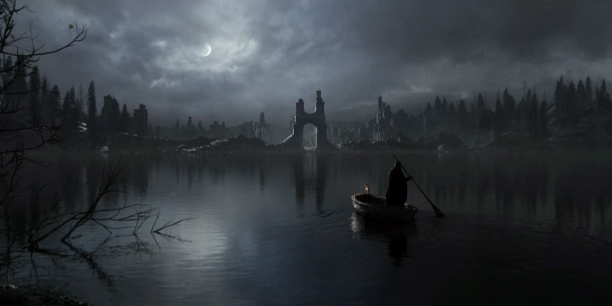 Dark Souls 2 Intro Cutscene boat floating away from ruins