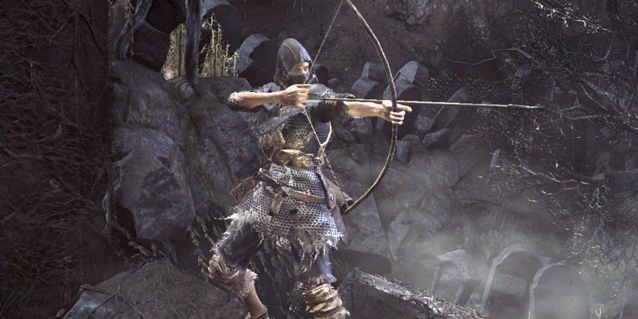 A Thief aiming a bow in Dark Souls 3 on a ledge