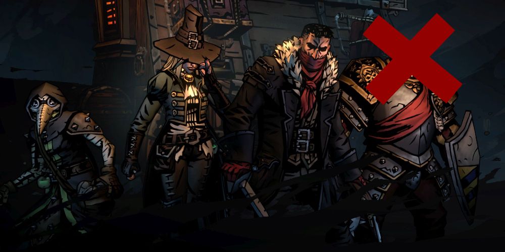 a darkest dungeon 2 party consisting of a Plague Doctor, Graverobber, Highwayman, and a Man-At-Arms with a large red X over his face.