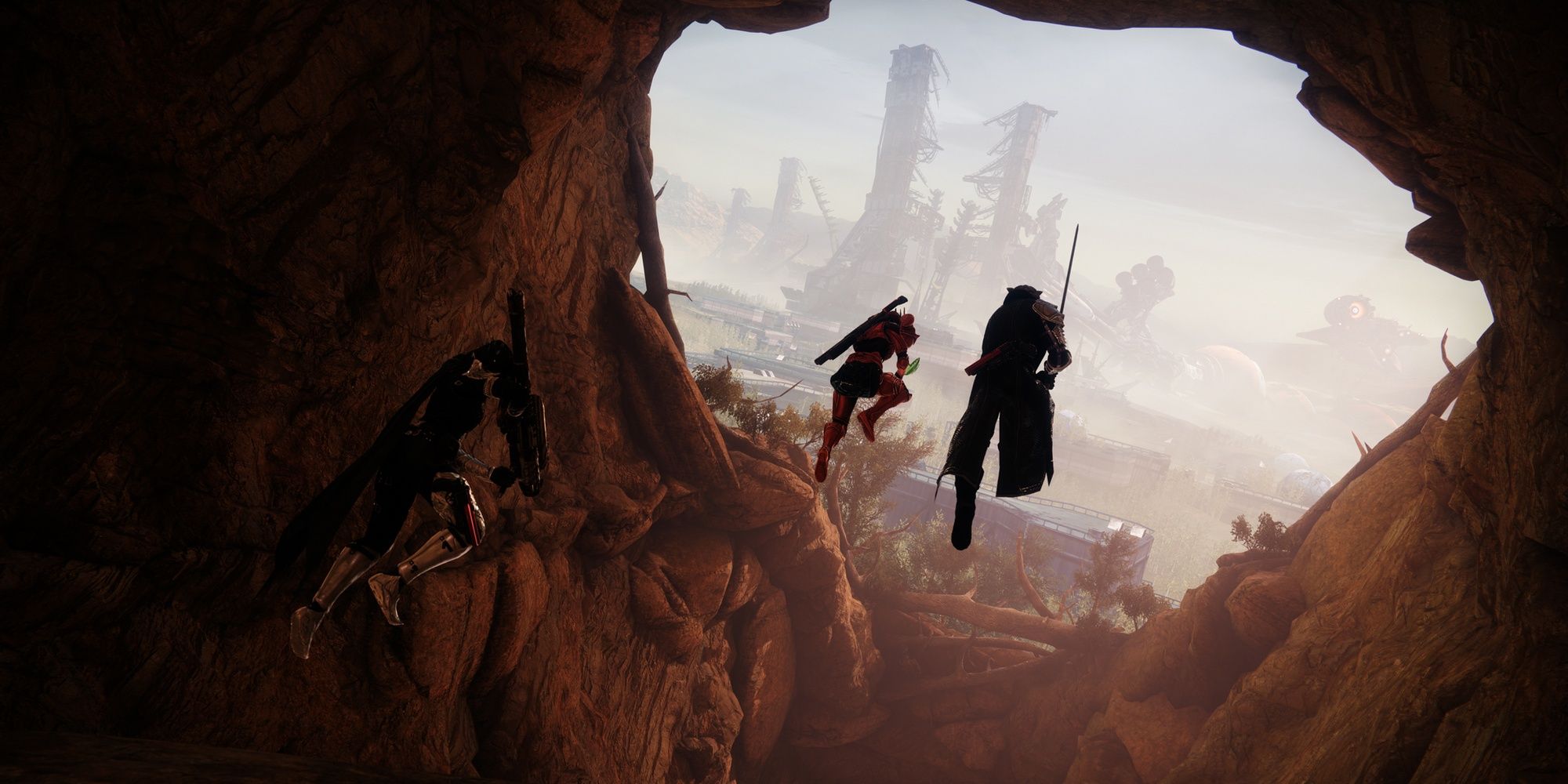 Three Guardians jumping out of a cave.
