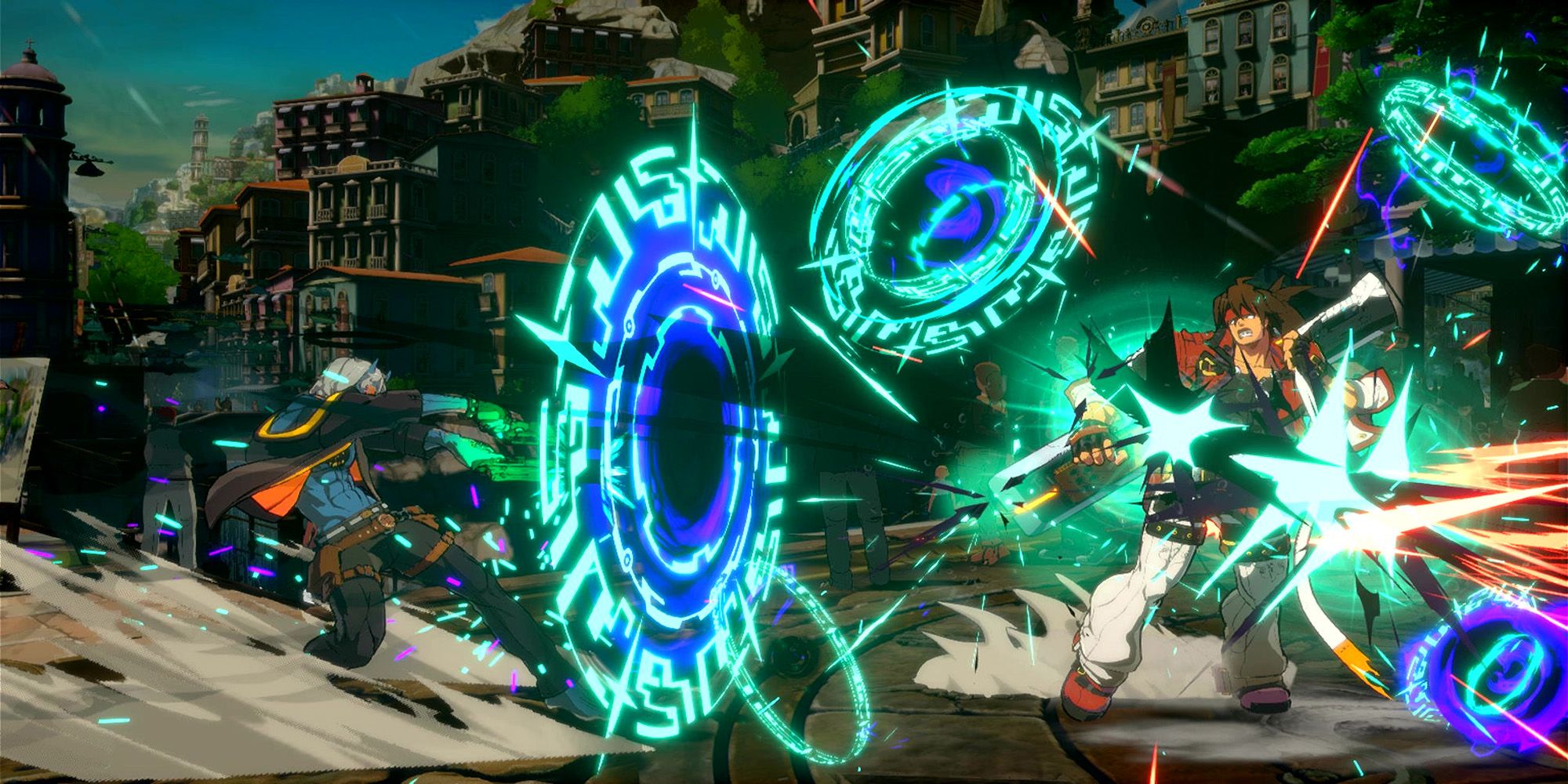 A wide shot of Happy Chaos's Deus Ex Machina Overdrive attack in Guilty Gear Strive.