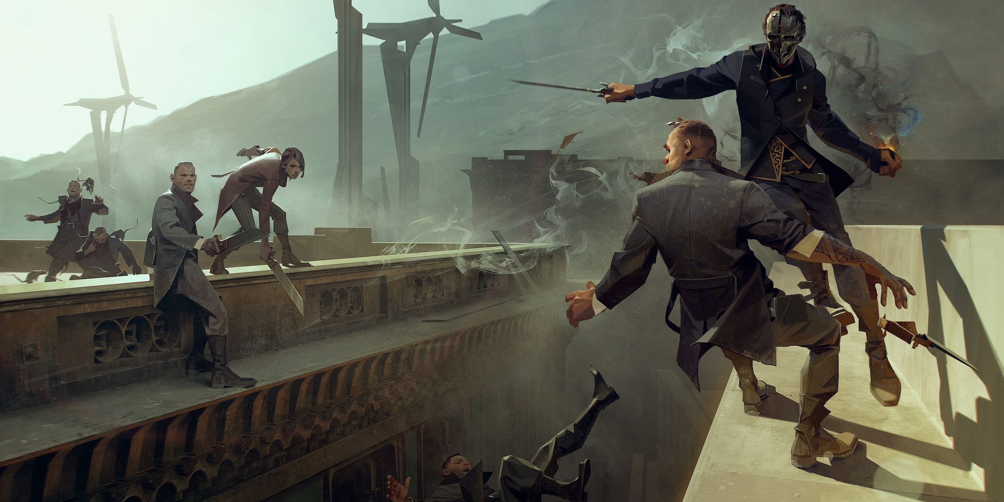 Concept art of Corvo and Emily fighting members of the Howlers gang on the rooftops of Karnaca