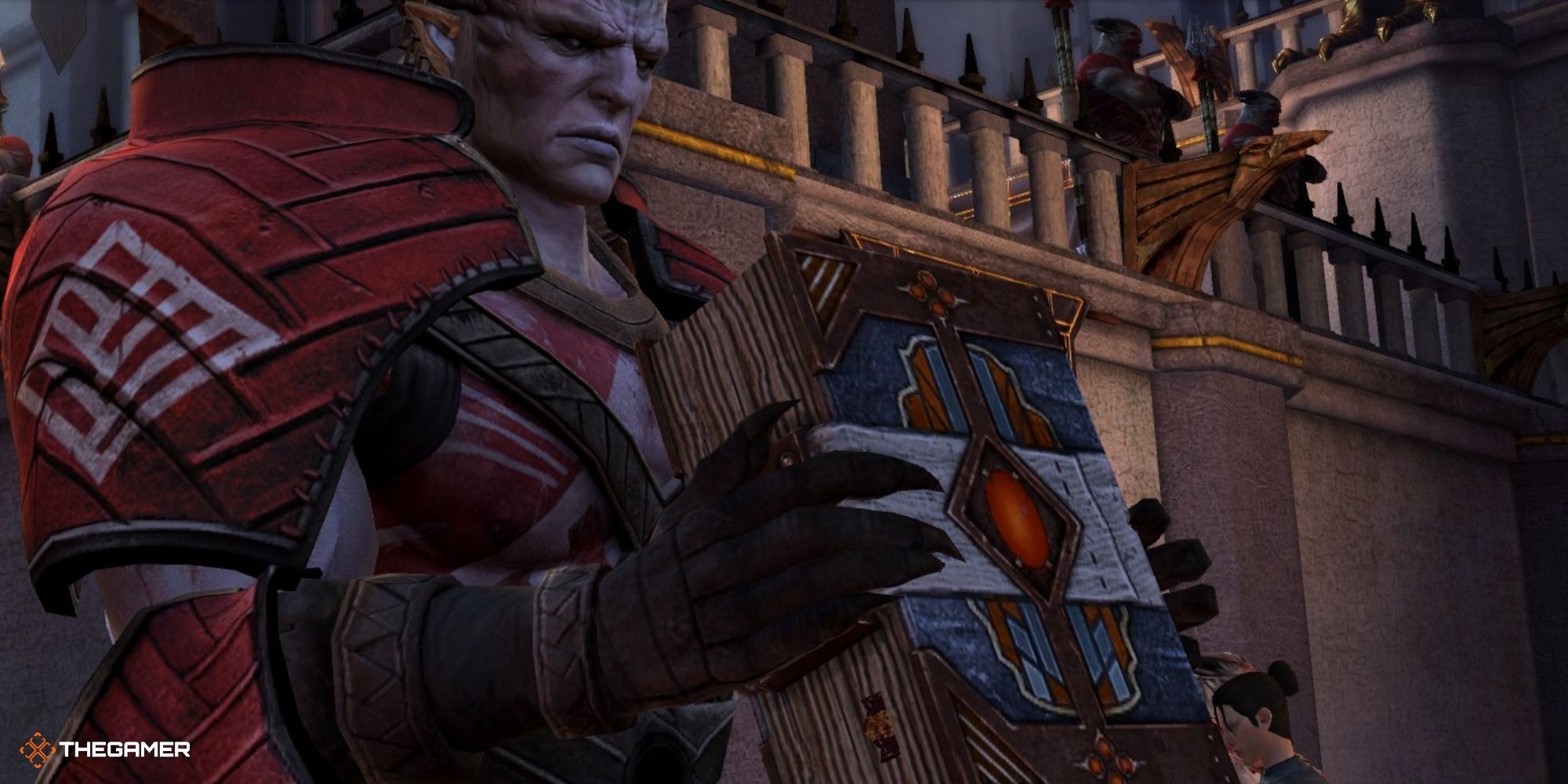 Dragon Age 2 - The Arishok holding the Tome of Koslun
