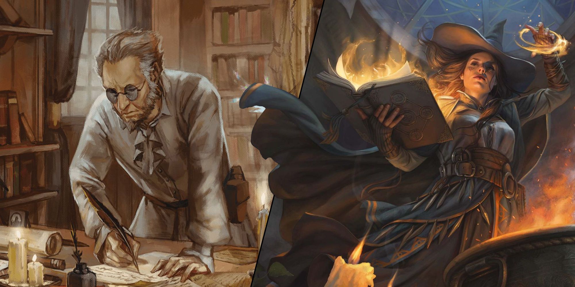 Dungeons & Dragons, Split Image of a wizard holding a book and casting a spell, and a scholar writing a scroll