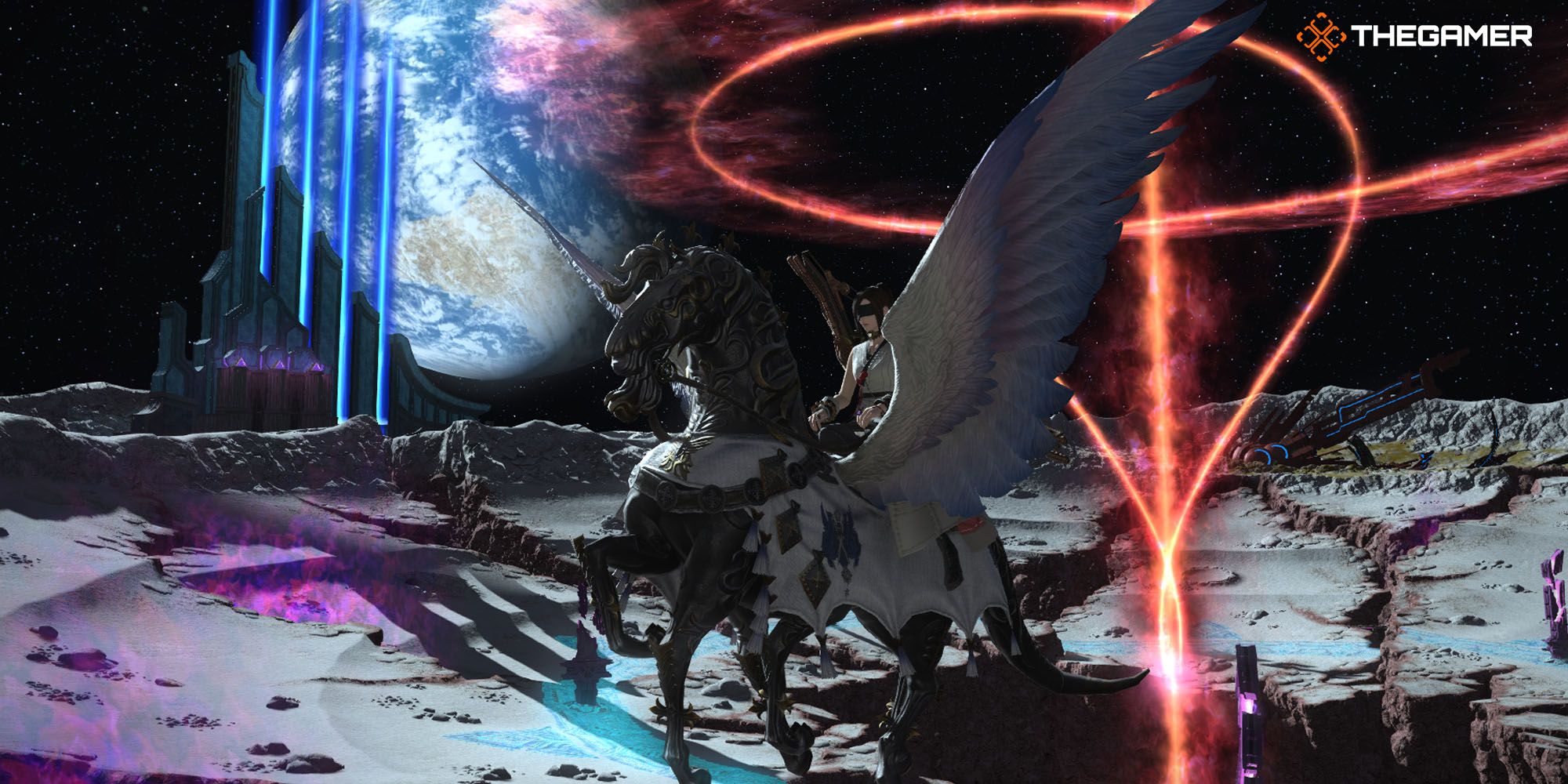 A player character on a flying mount on the moon in Final Fantasy 14.