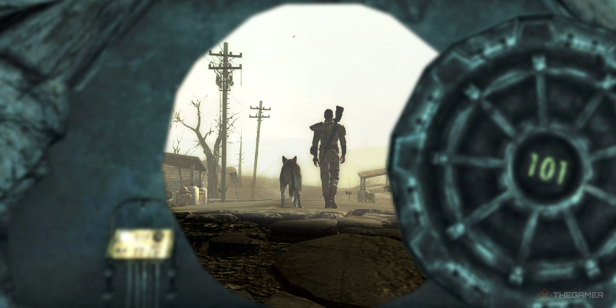 Vault 101 opening to reveal the lone wanderer and dogmeat walking away from it