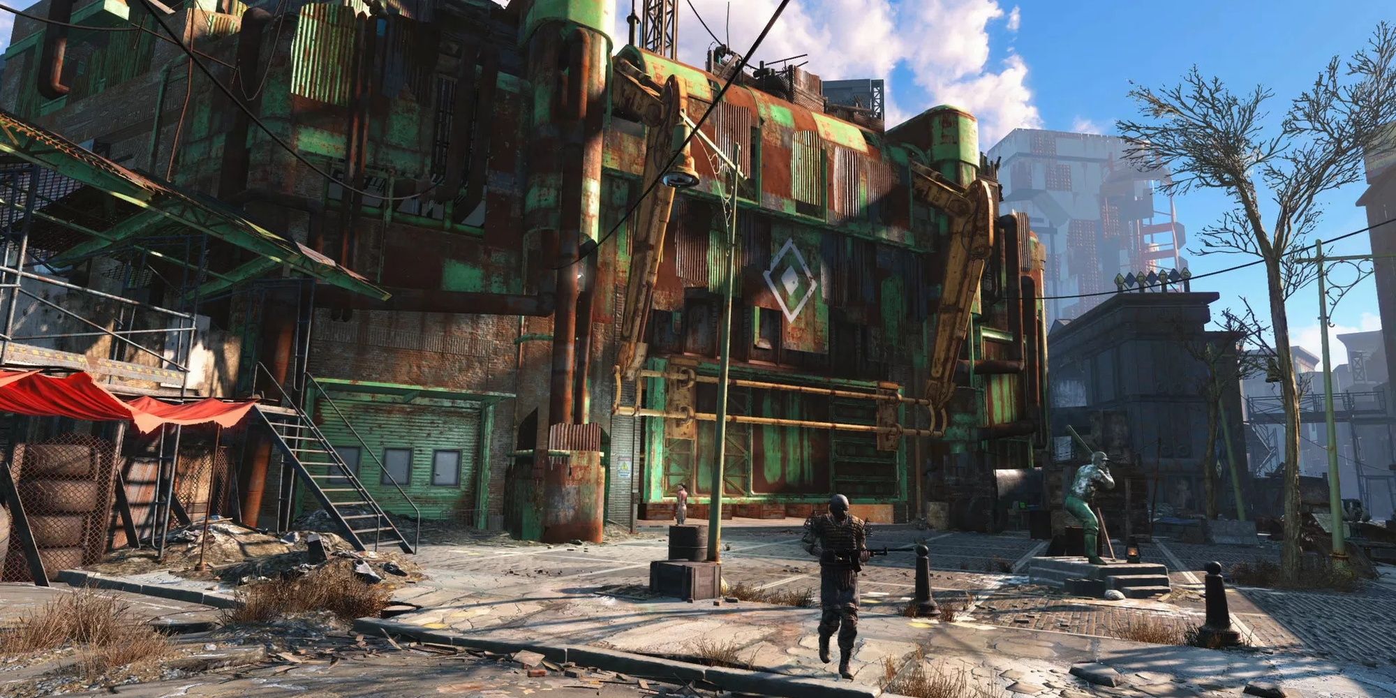 Fallout 4 Diamond City's large steel gate entrance.