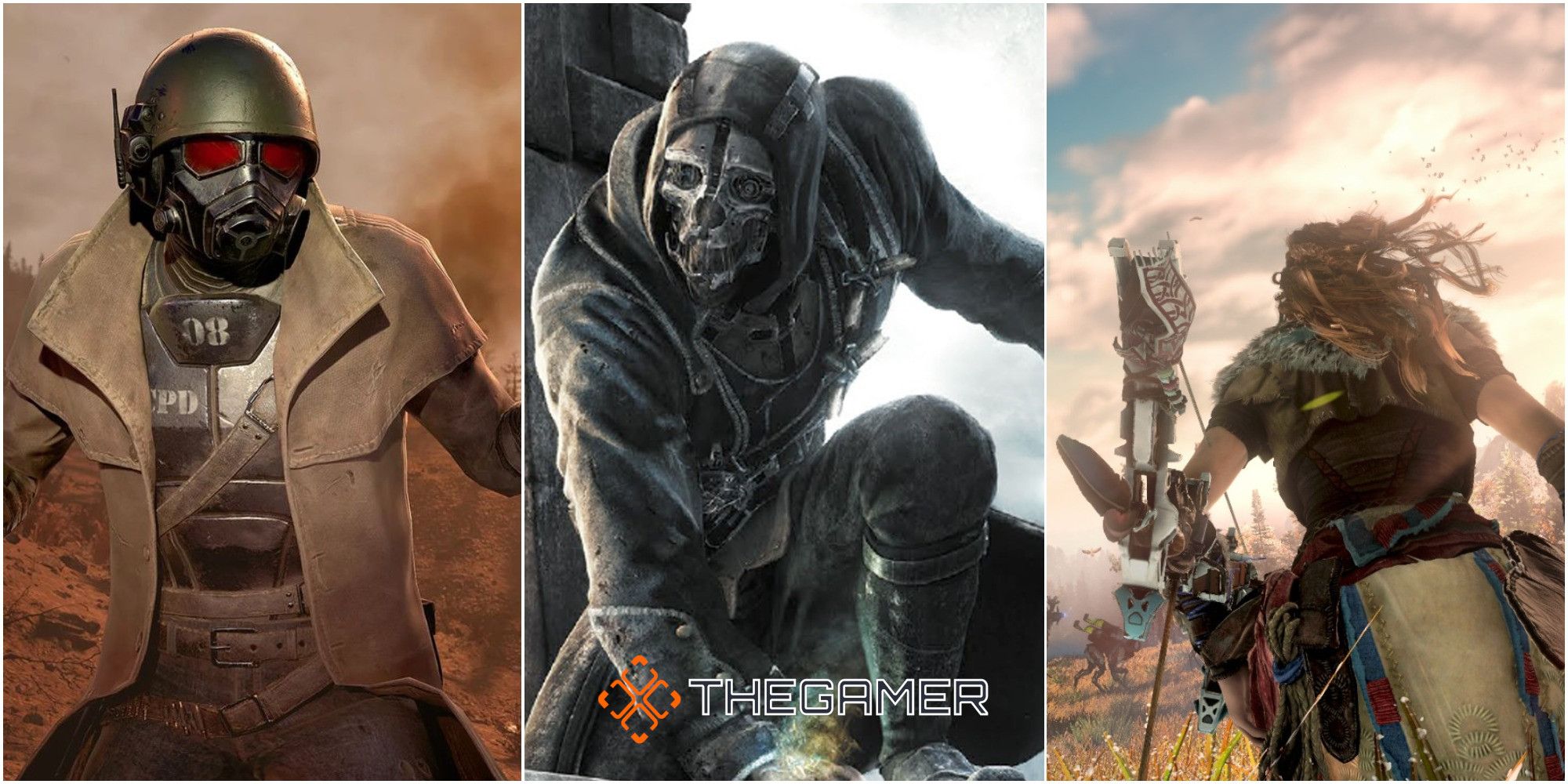characters from Fallout New Vegas Horizon Zero Dawn and Dishonored in a 3 way vertical split image