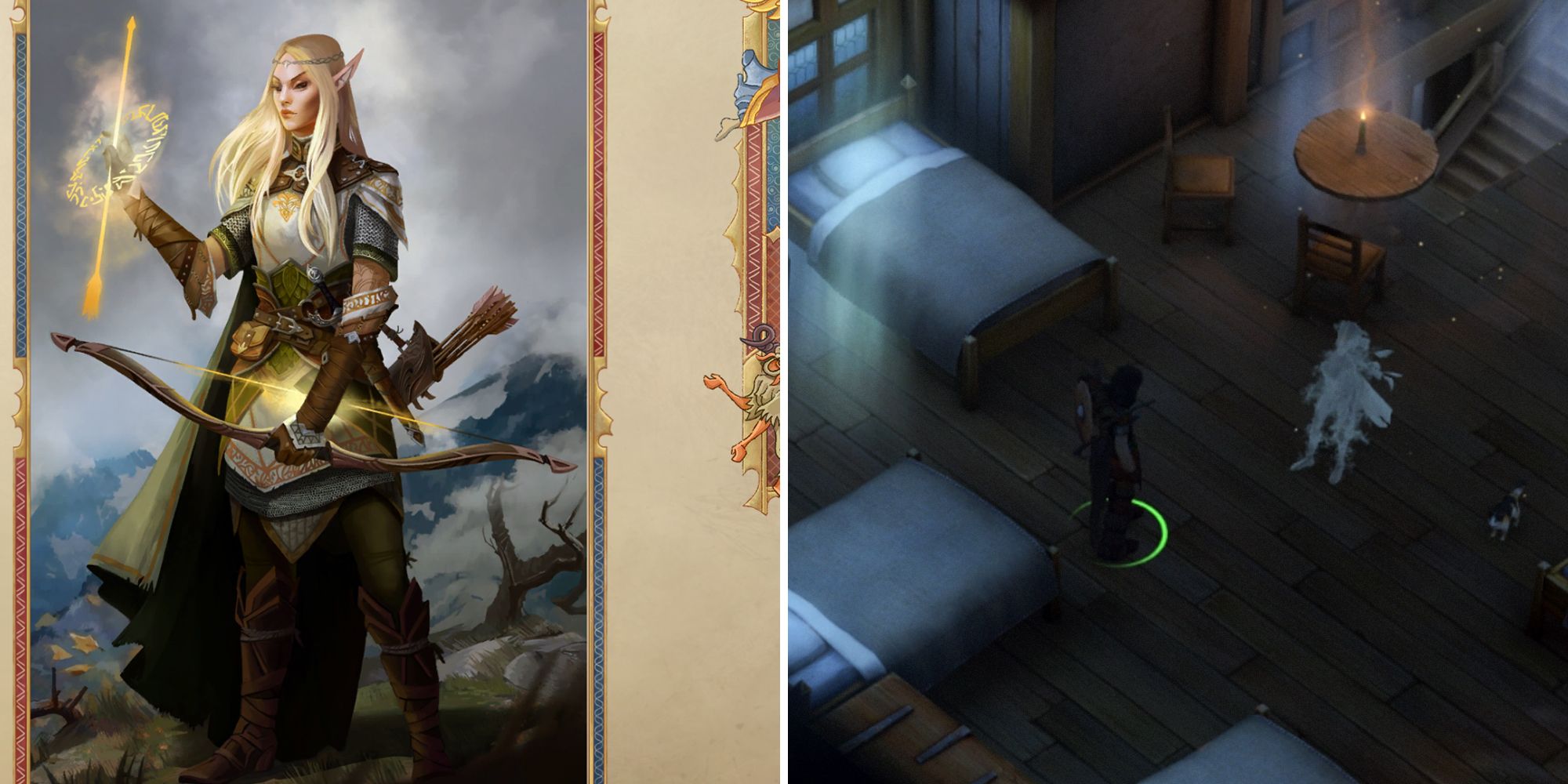 pathfinder: kingmaker split image. character portrait on left, protagonist speaking to npc on right.