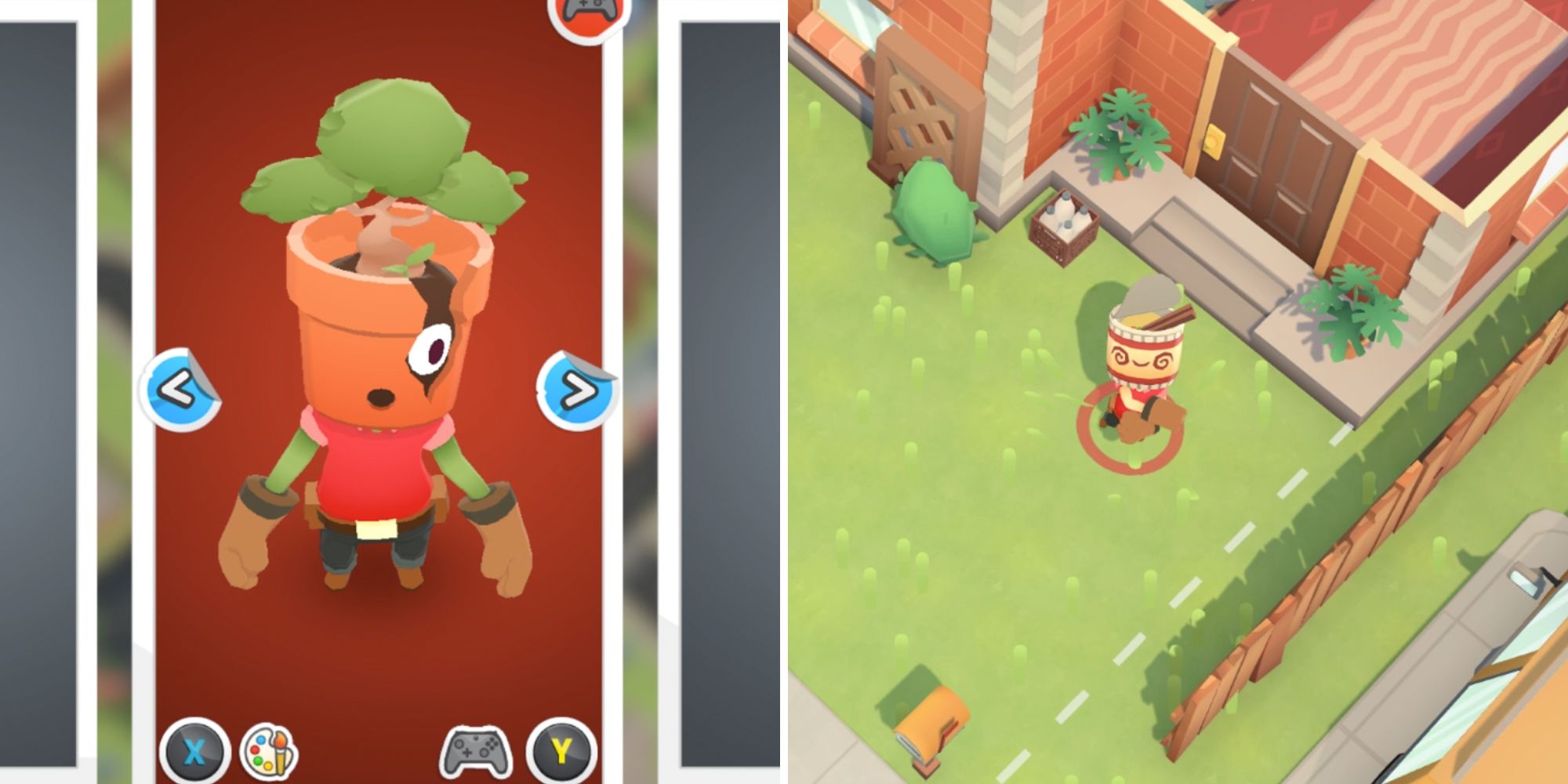 moving out split image. tree pot character on left.