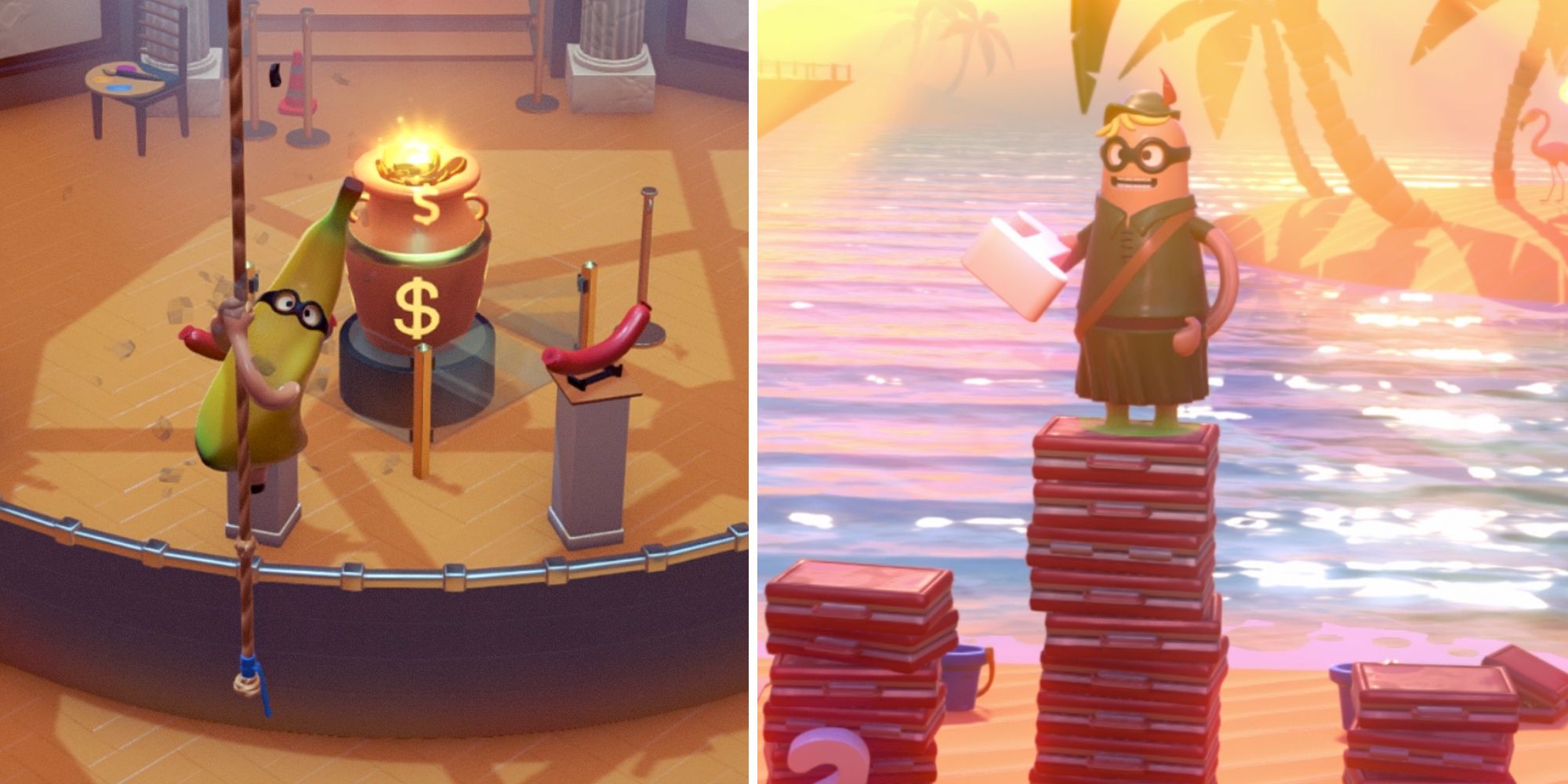 rubber bandits split image. banana on a rope to the left, character winning screen on right