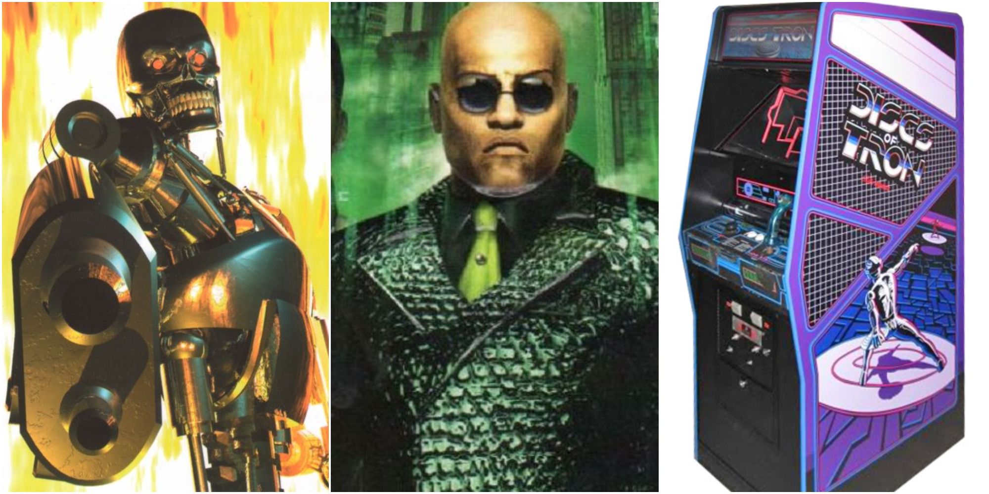 The Terminator from the Skynet game cover, Morpheus from The Matrix Online,  and the arcade machine of Discs of Tron, left to right