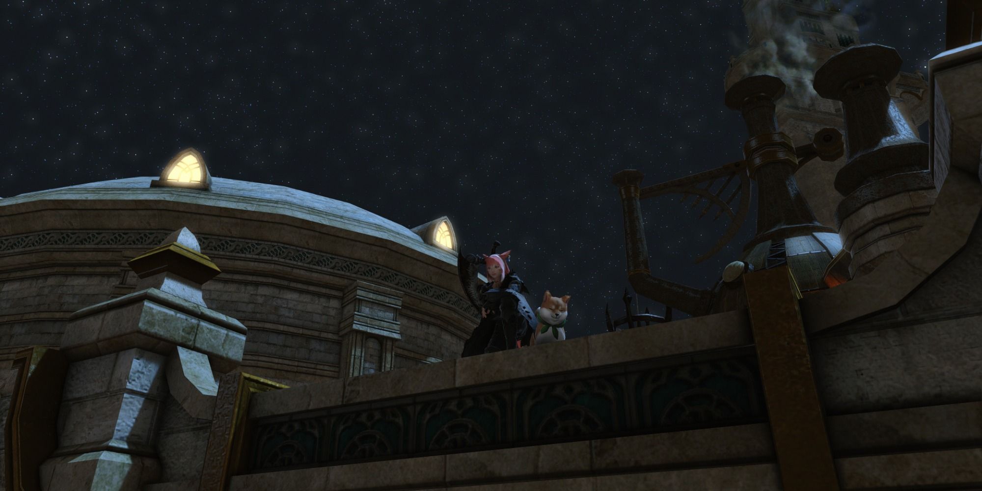 The Hero of Light staring over peeking over the ledge with her trusty minion friend Mameshiba in Final Fantasy 14