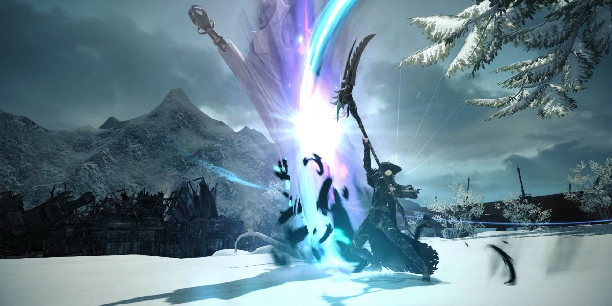 The Reaper Job attacking an enemy with its scythe in Final Fantasy 14: Endwalker.