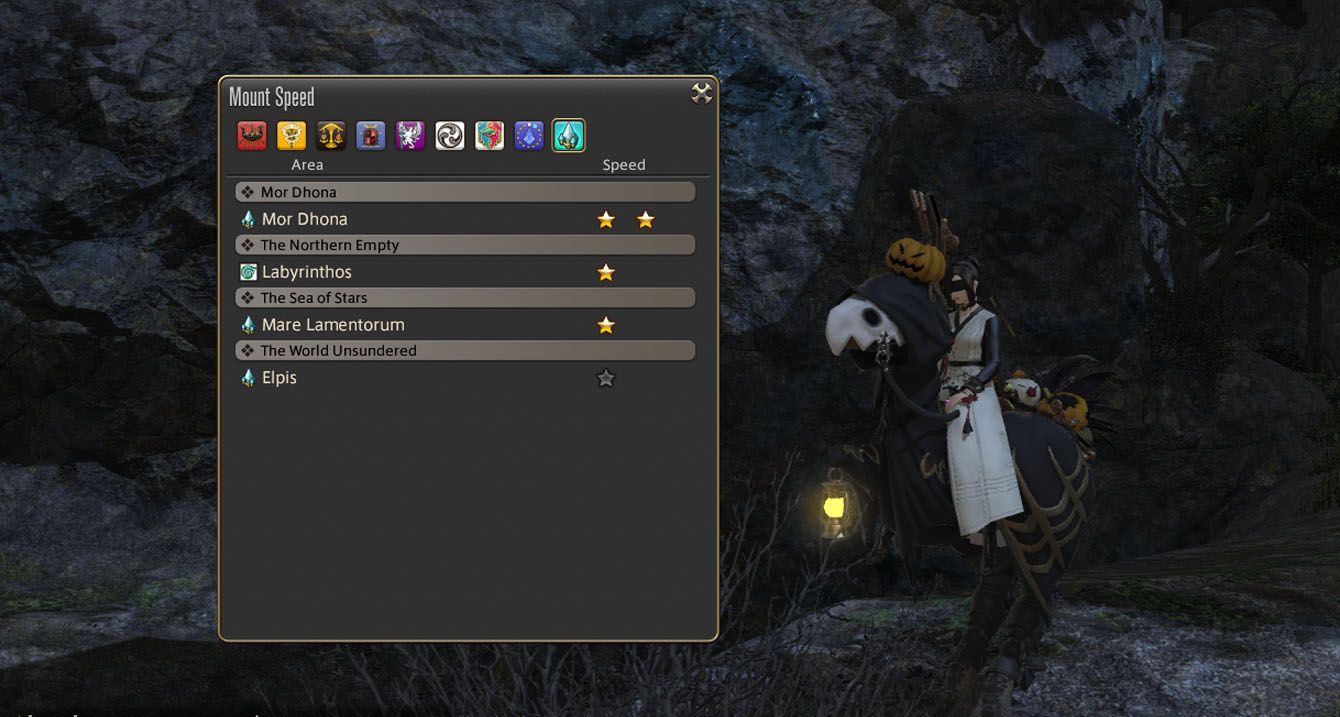 Final Fantasy 14 - A player on their Chocobo with the mount speed menu open.