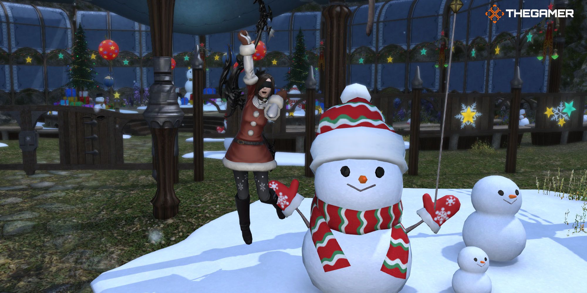 Final Fantasy 14 player in Christmas outfit with snowmen