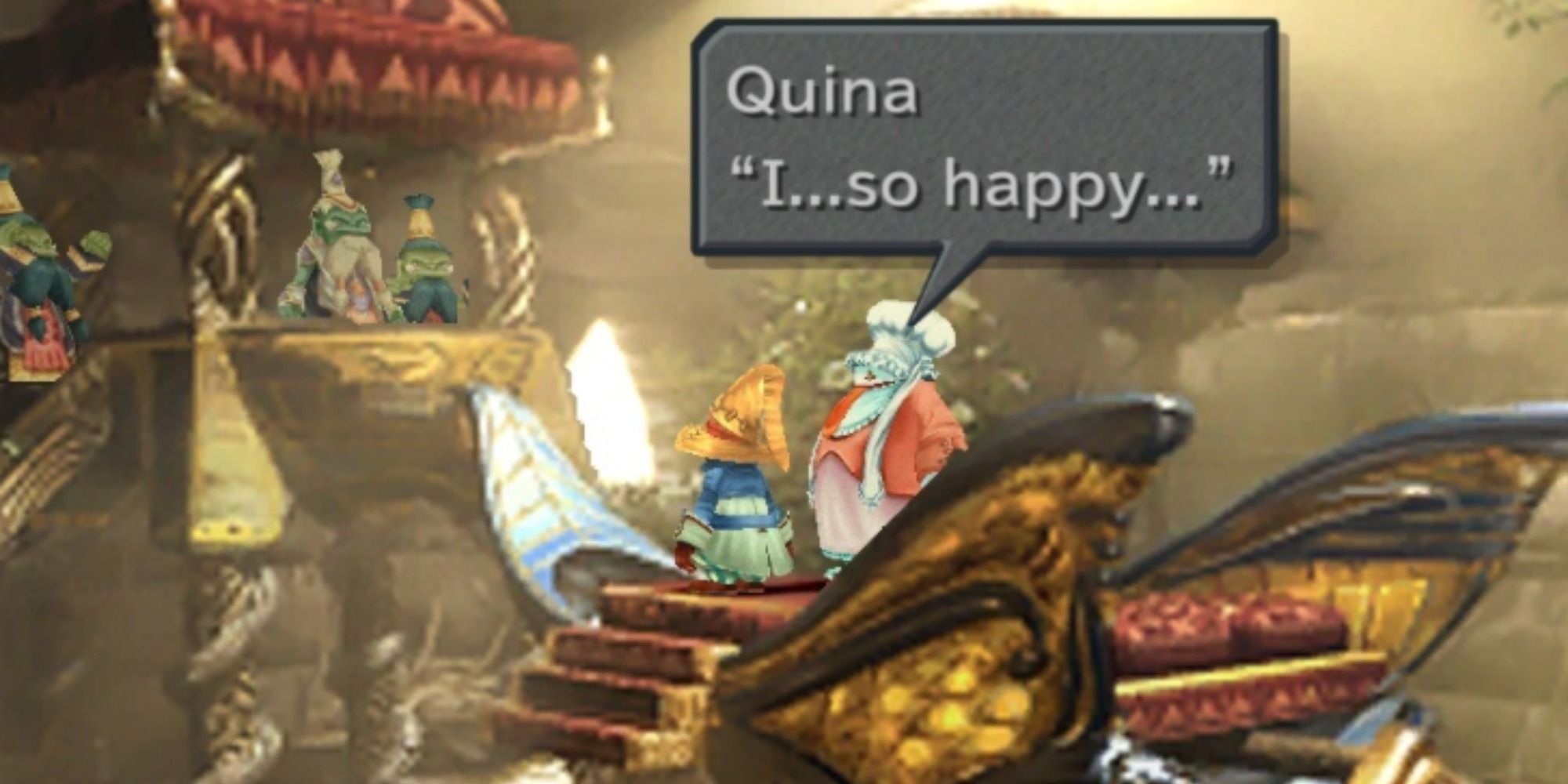 Quina and Vivi on a boat in the water as other characters watch on from land