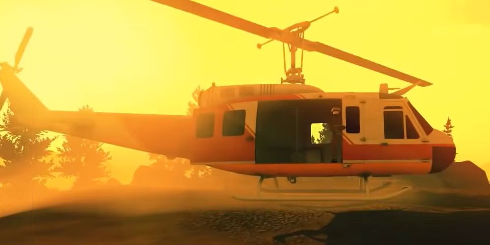 Firewatch, showing the rescue chopper that takes you away from Shoshone National Park