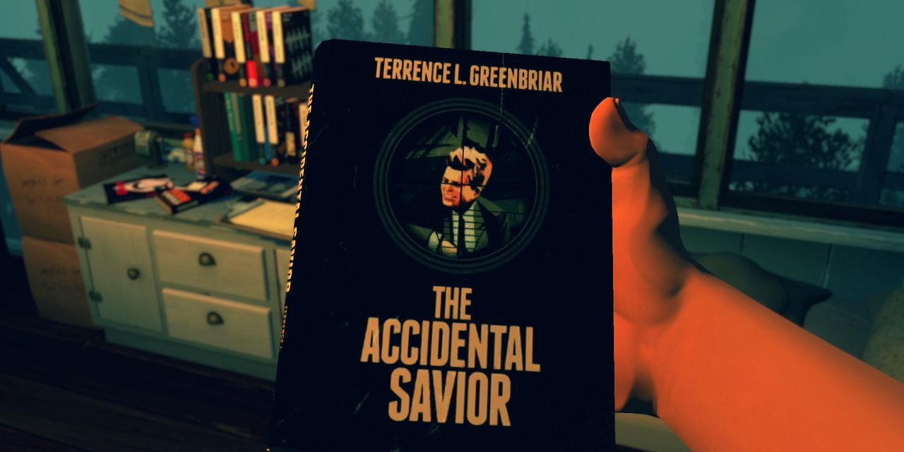 Firewatch: Henry holding a copy of The Accidental Savior