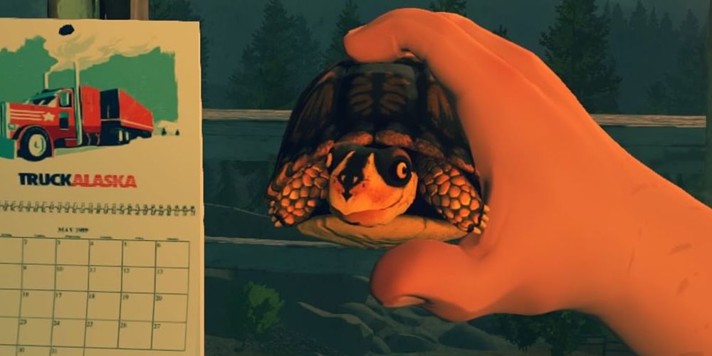 An image of Henry from Firewatch holding his turtle pet