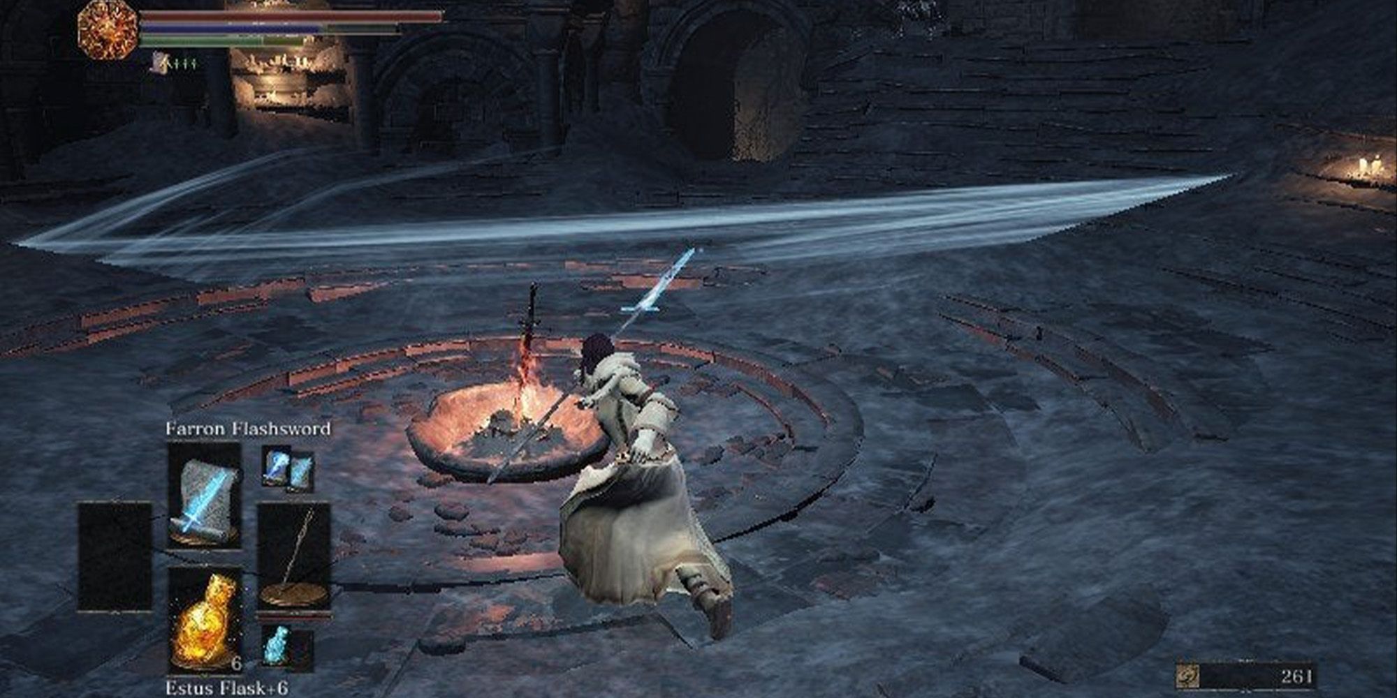 a sorcerer using the Farron Flashsword spell with a long Catalyst