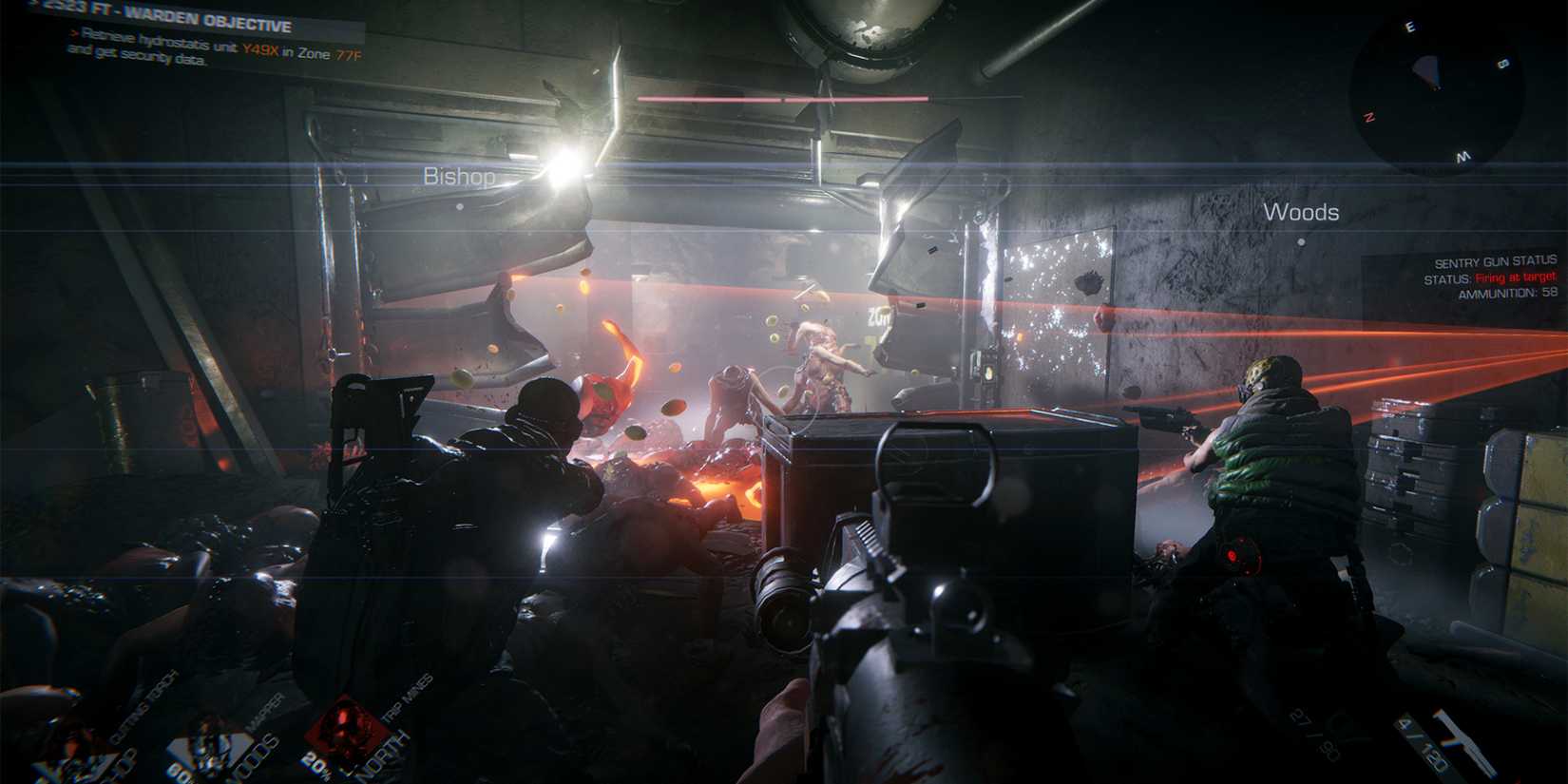 A team of players focused on enemies of sleepers in GTFO, while the guard weapon focuses red lasers and shoots at enemies.