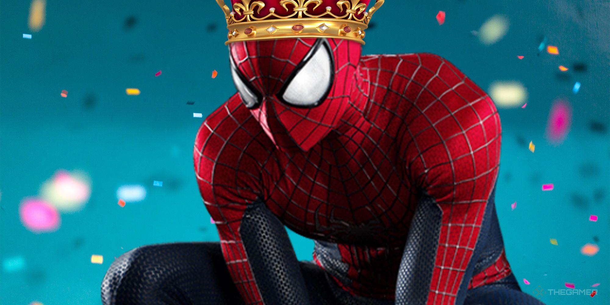 Andrew garfield's spider-man crouched down with a crown on his head