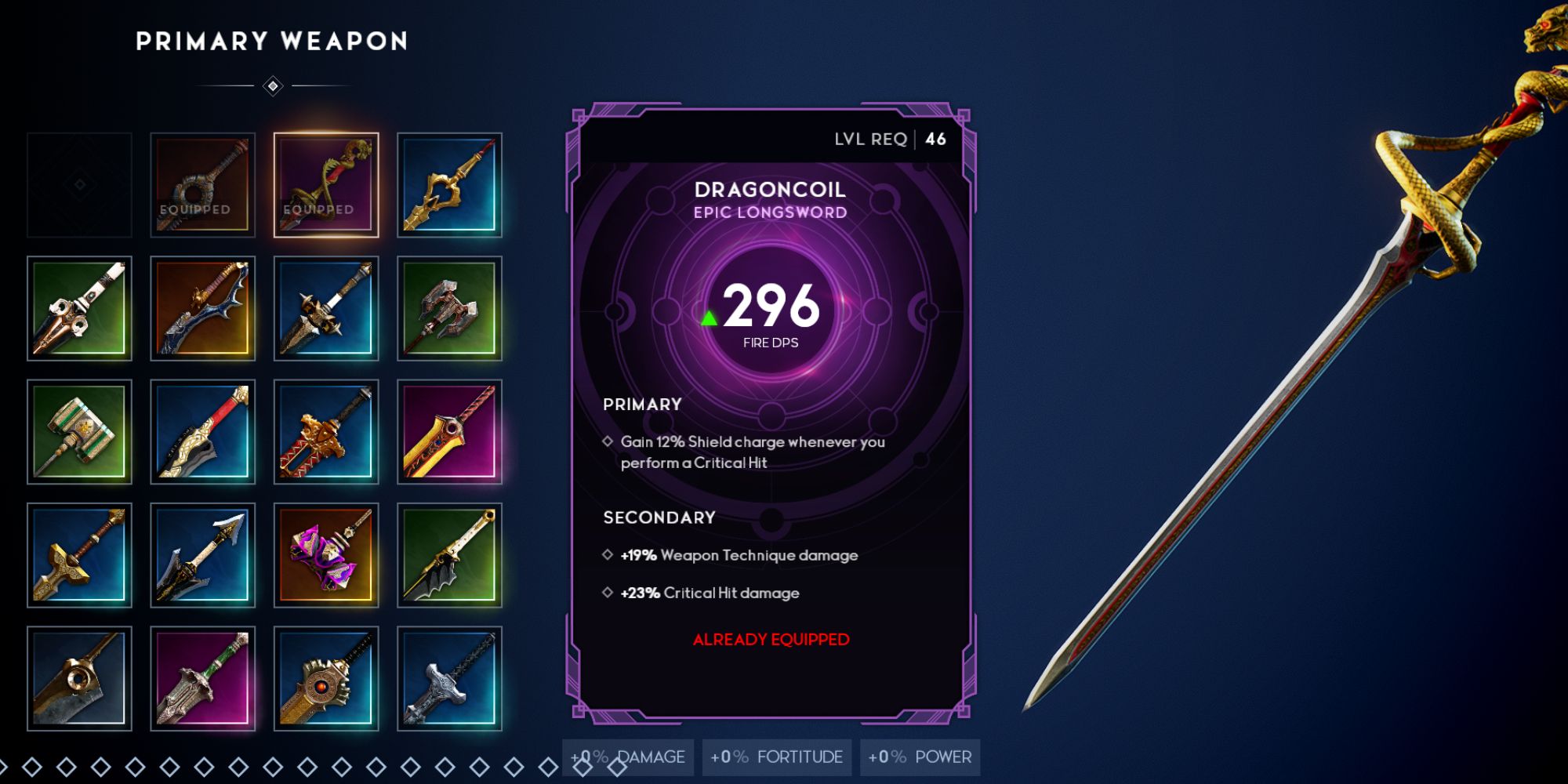 Godfall a menu with a series of icons of various weapons on the left and a Dragoncoil Longsword on the right