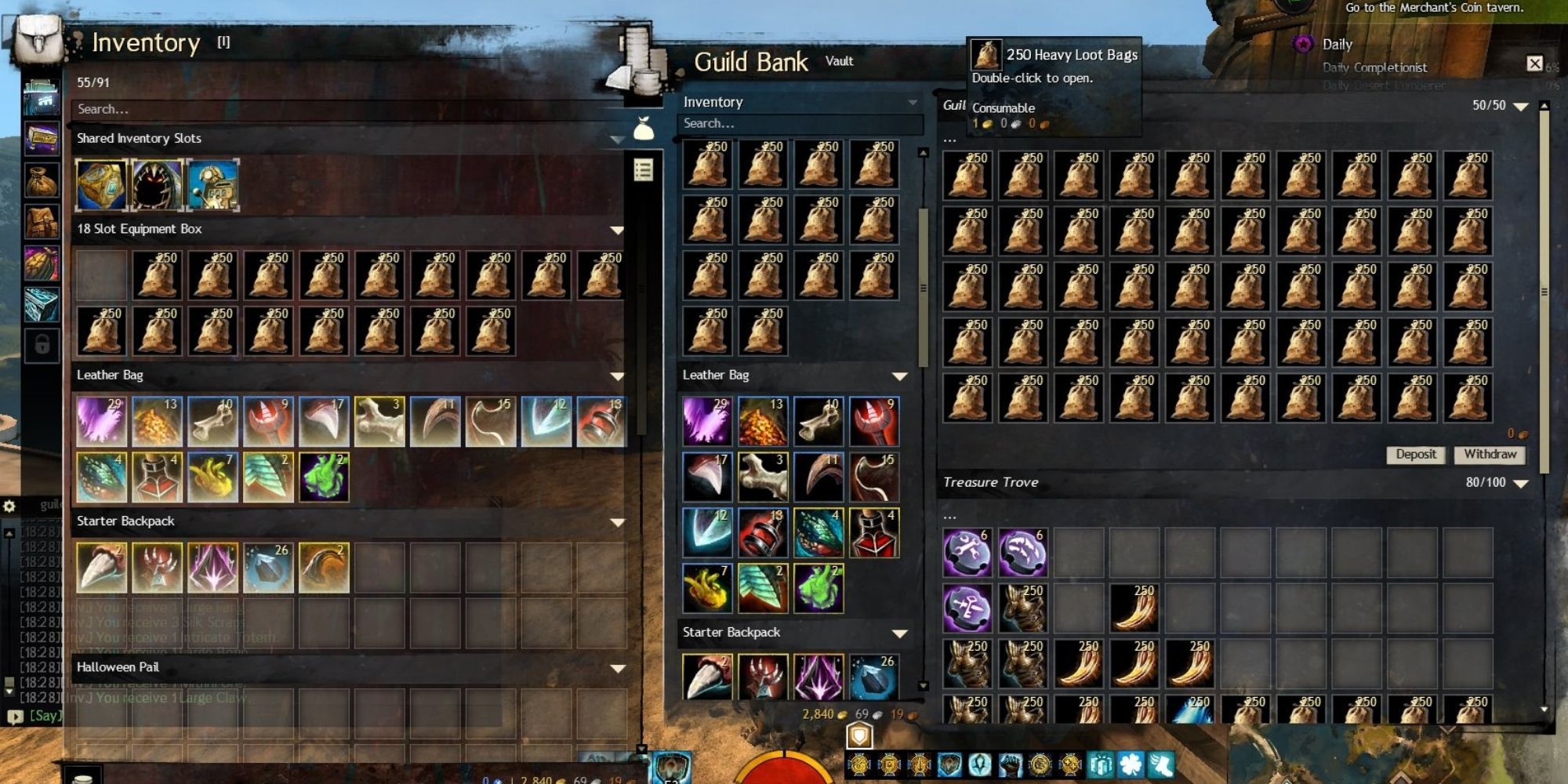 Guild Wars 2 - In-game screenshot of hundreds of Heavy Loot Bags in a Guild Bank and Player's Inventory