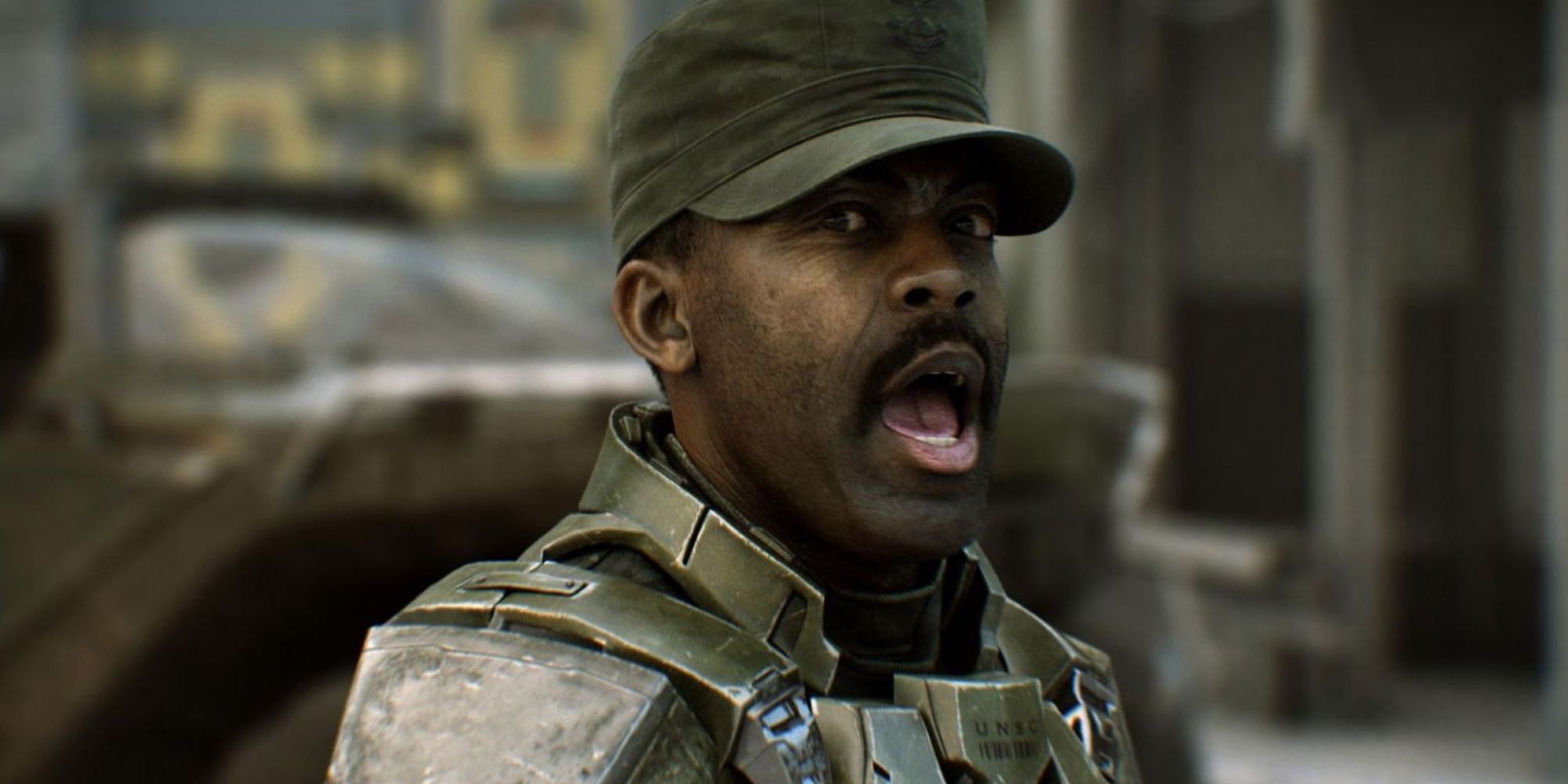 Sergeant Major Avery Junior Johnson yelling at a group of Marines in Halo 2