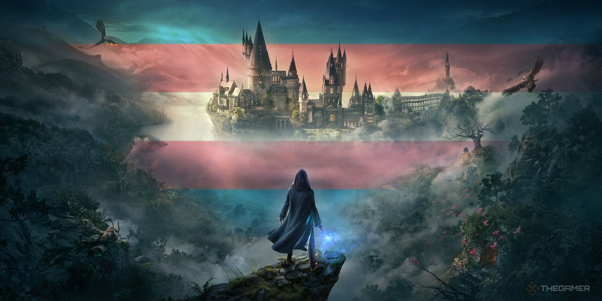 Hogwarts Legacy with a trans flag in the background