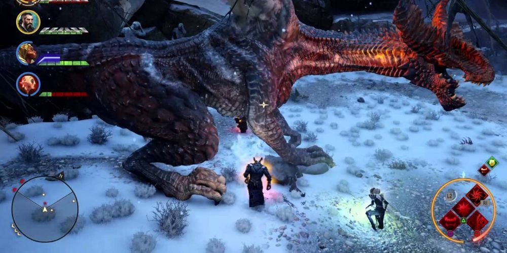 Party members fight a Highland Ravager Dragon in Dragon Age Inquisition. 