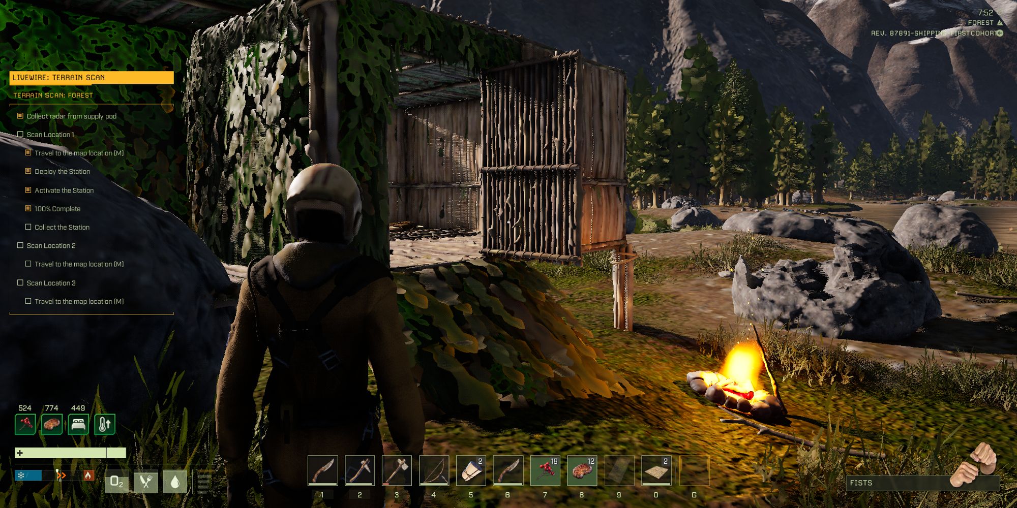 player standing next to a simple thatch hut