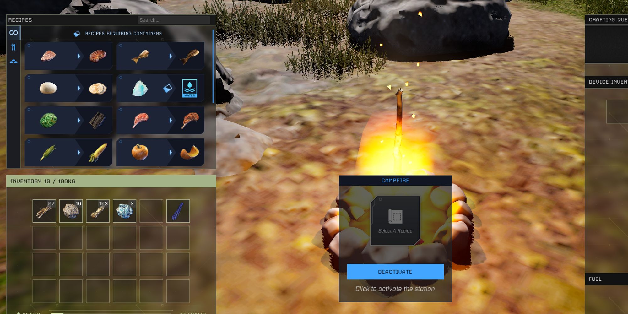 player looking at cooking menu for campfire
