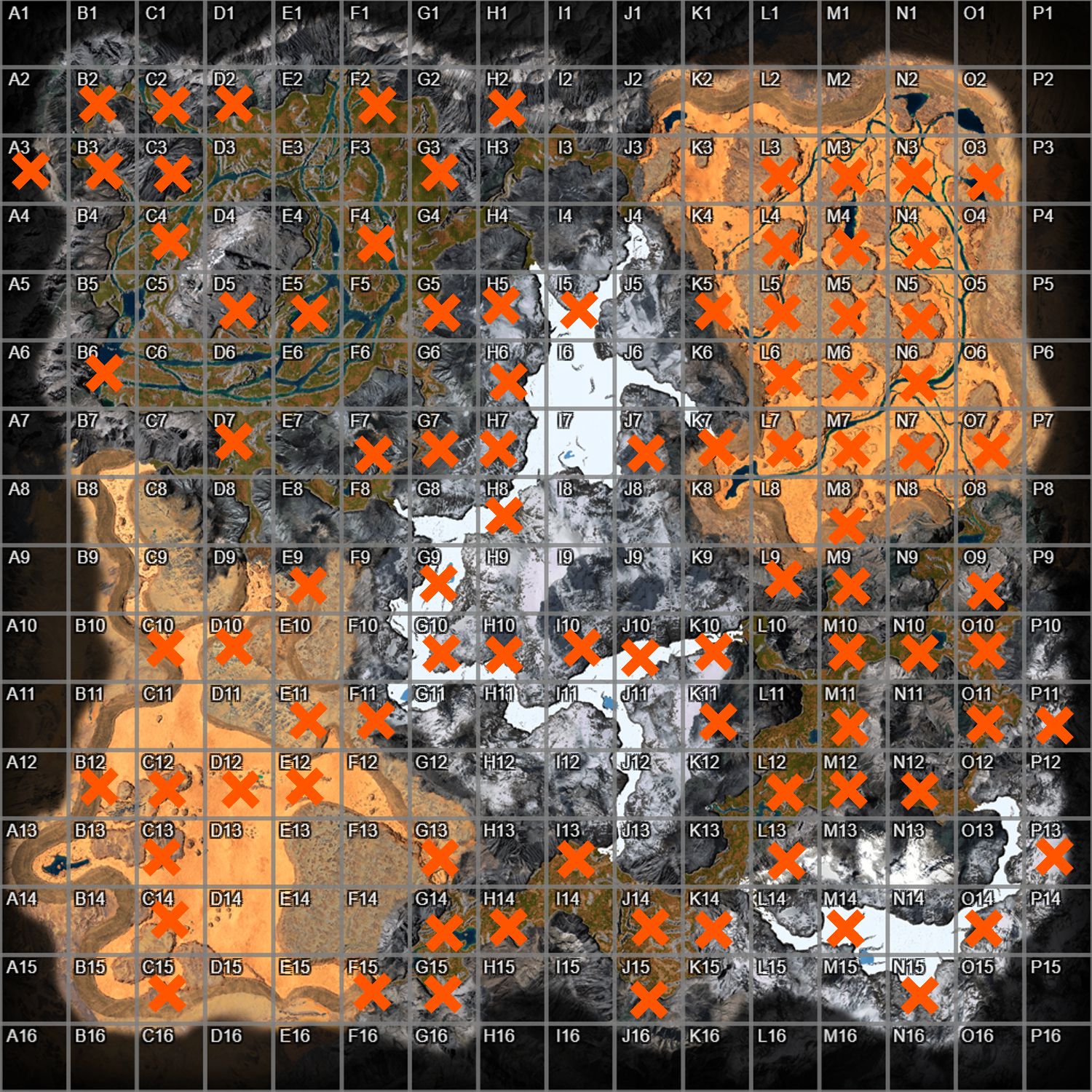 icarus map grid with markers indicating that a cave is present 