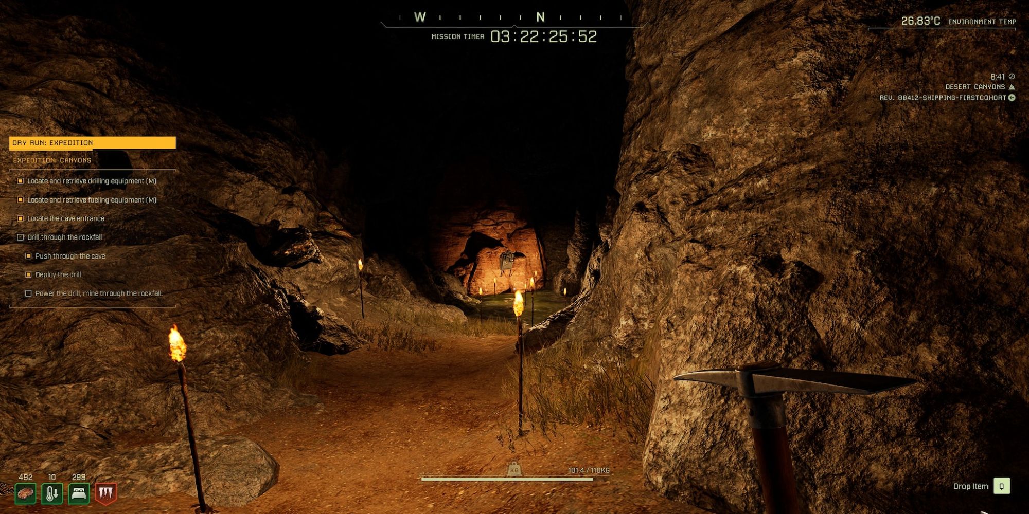 player looking to cave with standing torches
