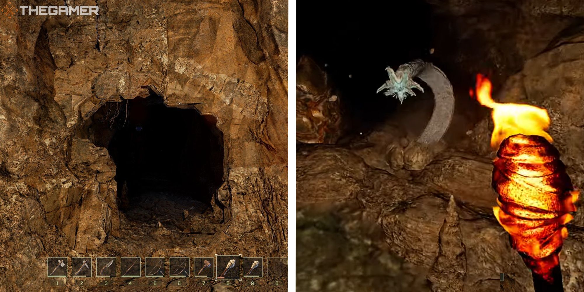 image of cave next to image of player looking at a cave worm