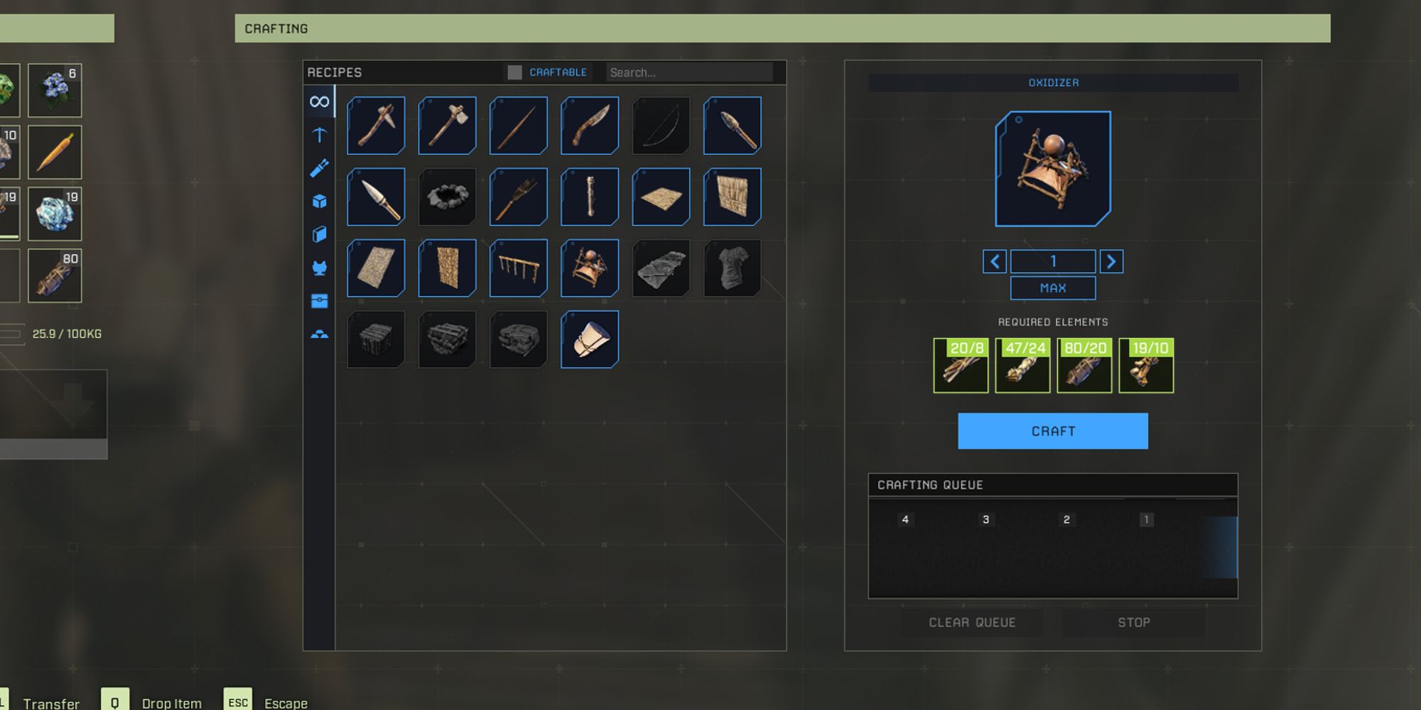 crafting menu with oxidizer selected